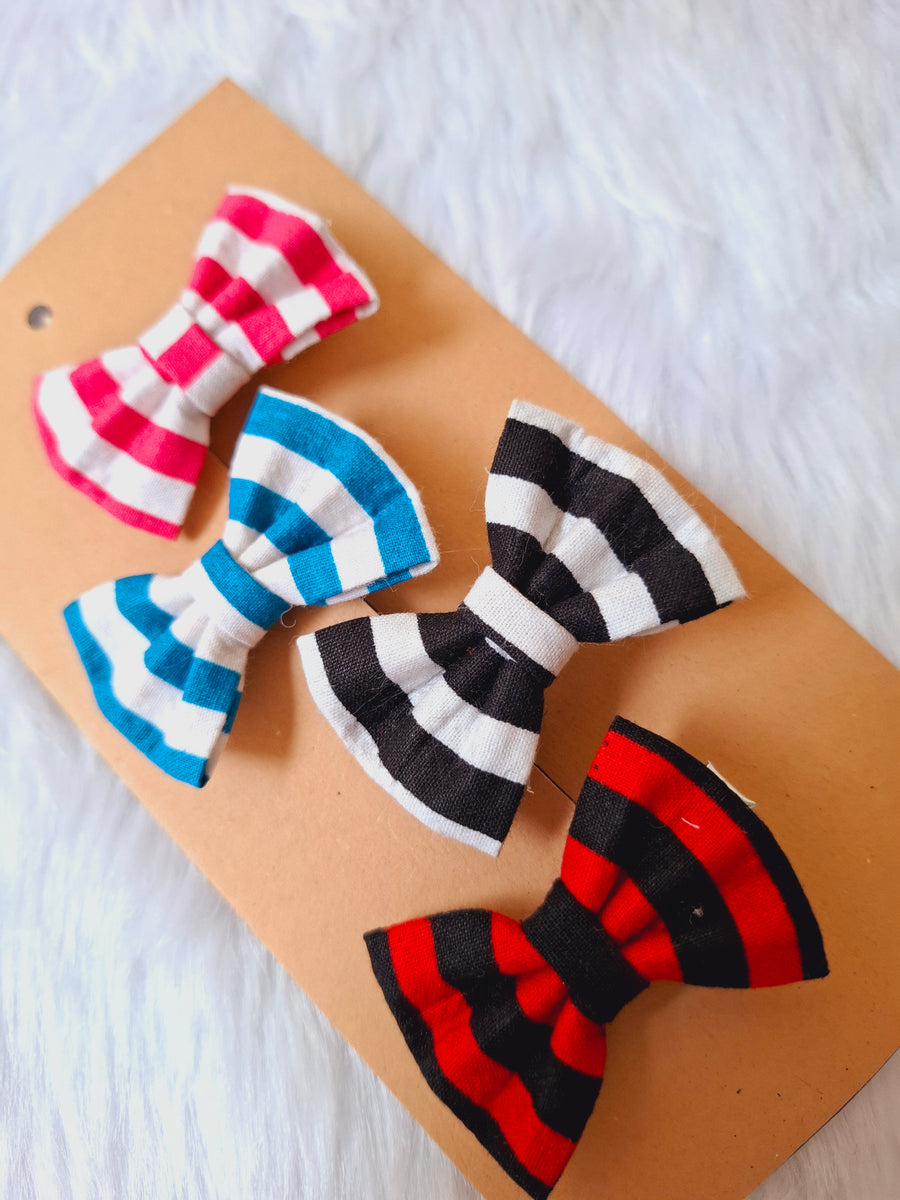 Pixie Ties – Striped Fabric Bow Clip Set (4-Pack)