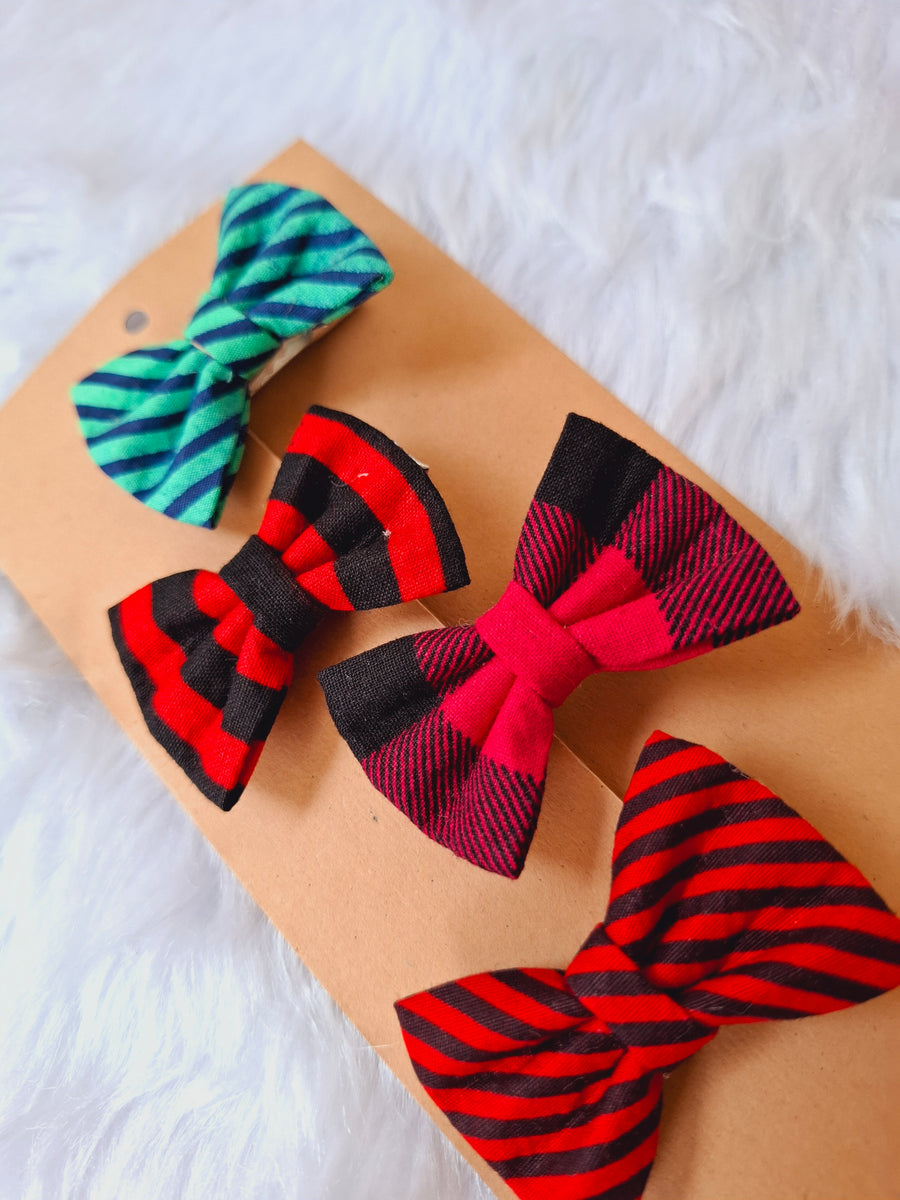 Pixie Ties – Striped Fabric Bow Clip Set (4-Pack)